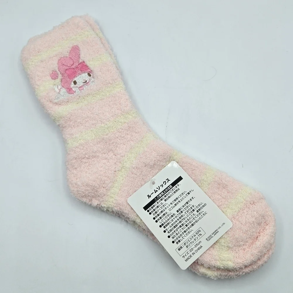 Sanrio My Melody Fuzzy Pink White Striped Cozy Socks